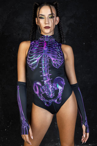 Rave Outfit Purple Skeleton Sleeveless Bodysuit Front View