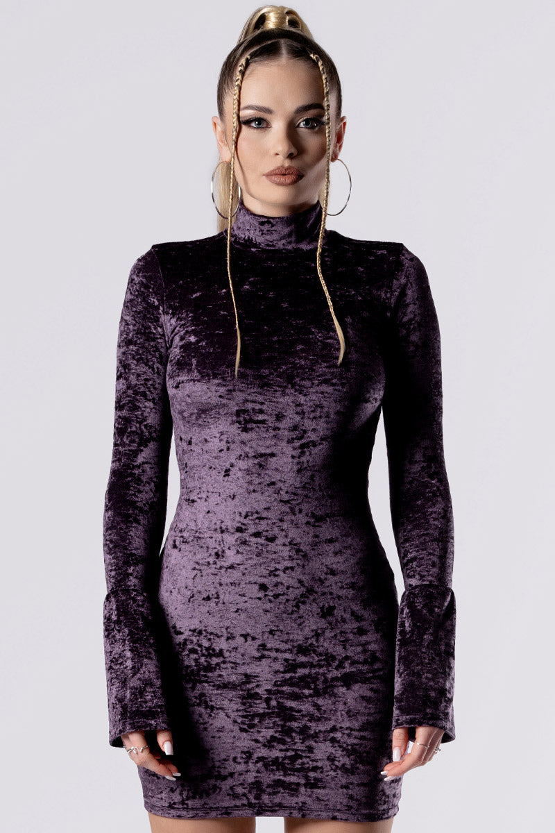 Purple Smoke High Neck Bodycon Dress Velvet