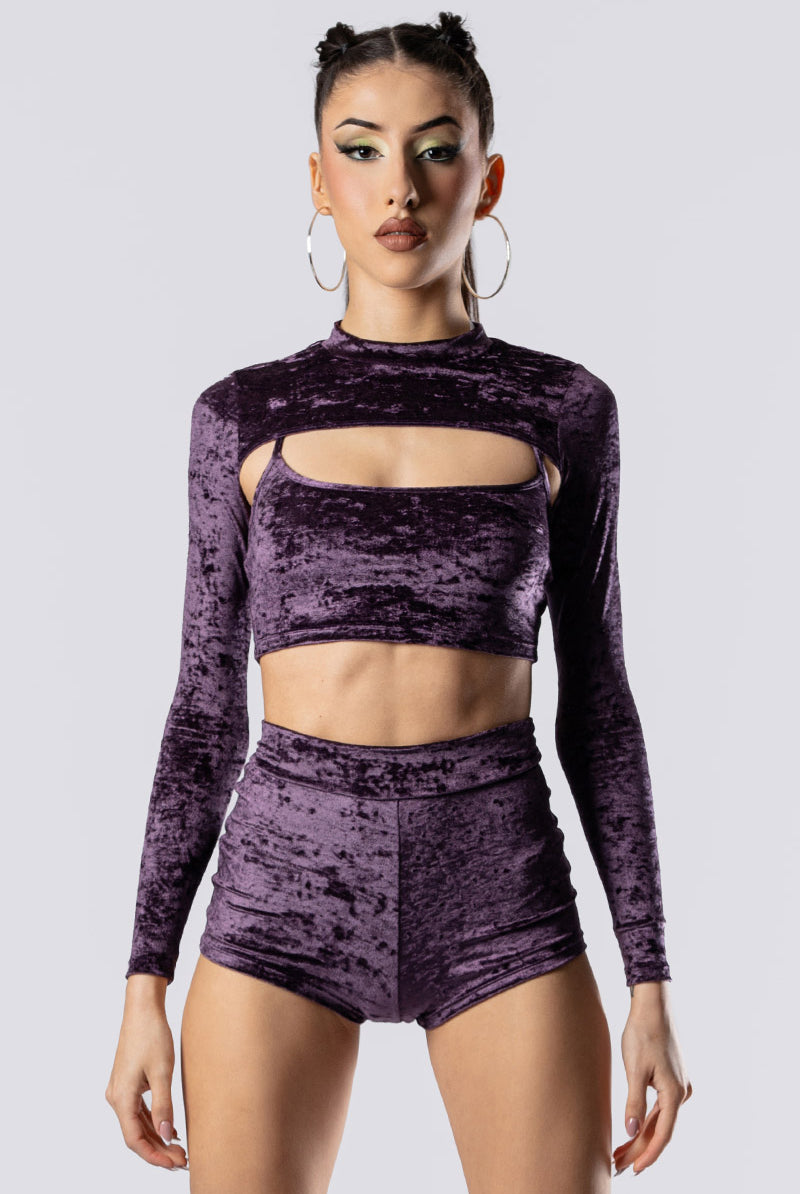 purple-smoke-high-waisted-shorts-purple-velvet-close-view