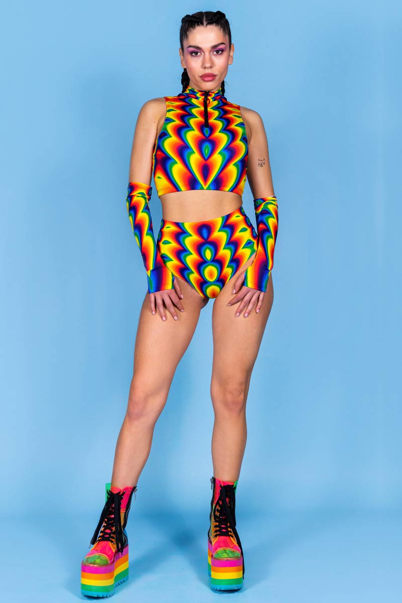 Rainbow Bloom Half Zip Crop Top Front View 