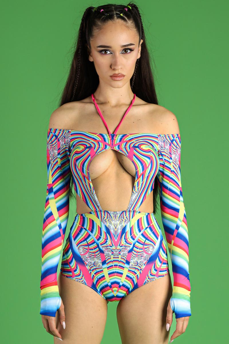 Rainbow Dimension Off-Shoulder Cutout Bodysuit