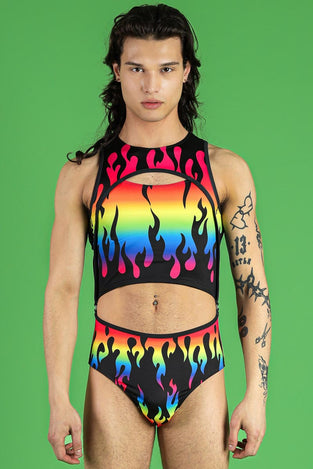 Rainbow Flames Men's 2 Piece Bodysuit Front View