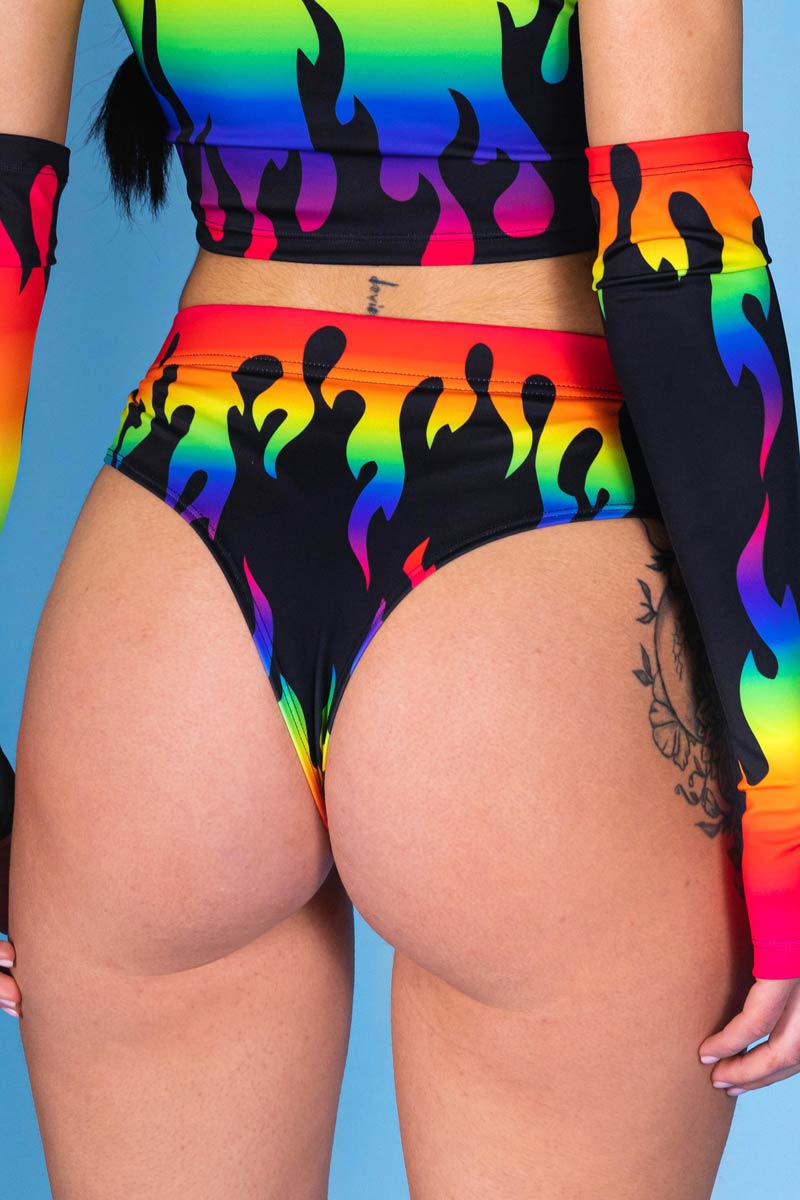Rainbow Flames Thong Shorts Set Close View