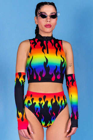 Rave Outfit Rainbow Flames Thong Shorts Set Close View