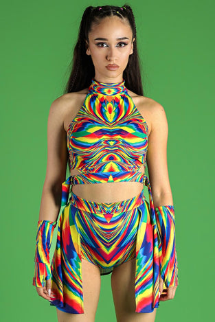 Rave Outfit Rainbow Glitch Backside Shorts Skirt Set Front View