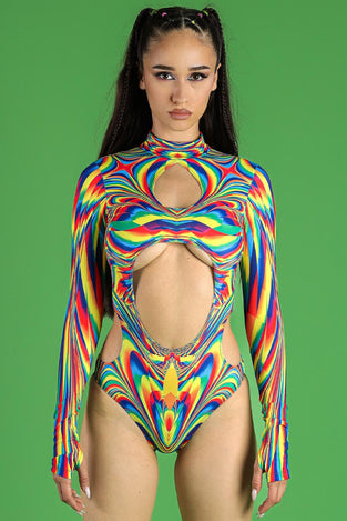 Rave Outfit Rainbow Glitch Cut Out Long Sleeved Bodysuit Front View