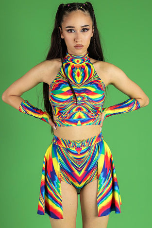 Rainbow Glitch High Neck Crop Top Front View