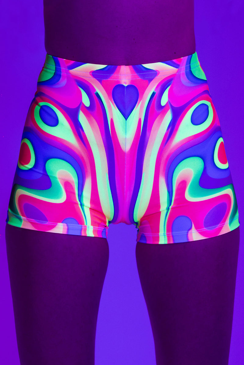 rainbow-mess-high-waisted-shorts-close-view-uv
