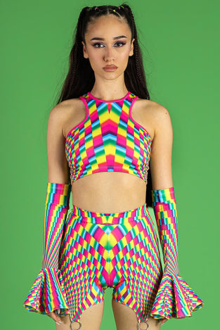 Rave Outfit Rainbow Prism O Ring Flare Pants Set Front View