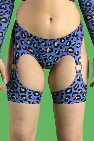 Rainbow Spots O-Ring Harness Booty Shorts Close View