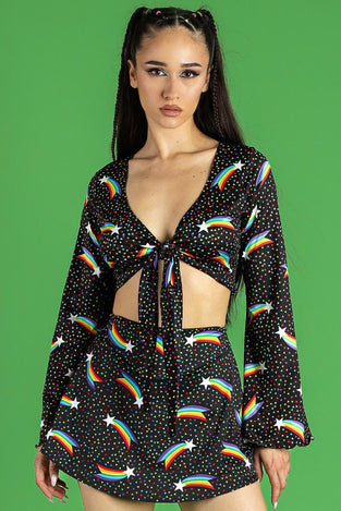 Rave Outfit Rainbow Stardust High Waisted Skirt Set Front View