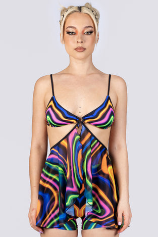Rave Outfit Rainbow Vibration High Waisted Shorts Set Close View