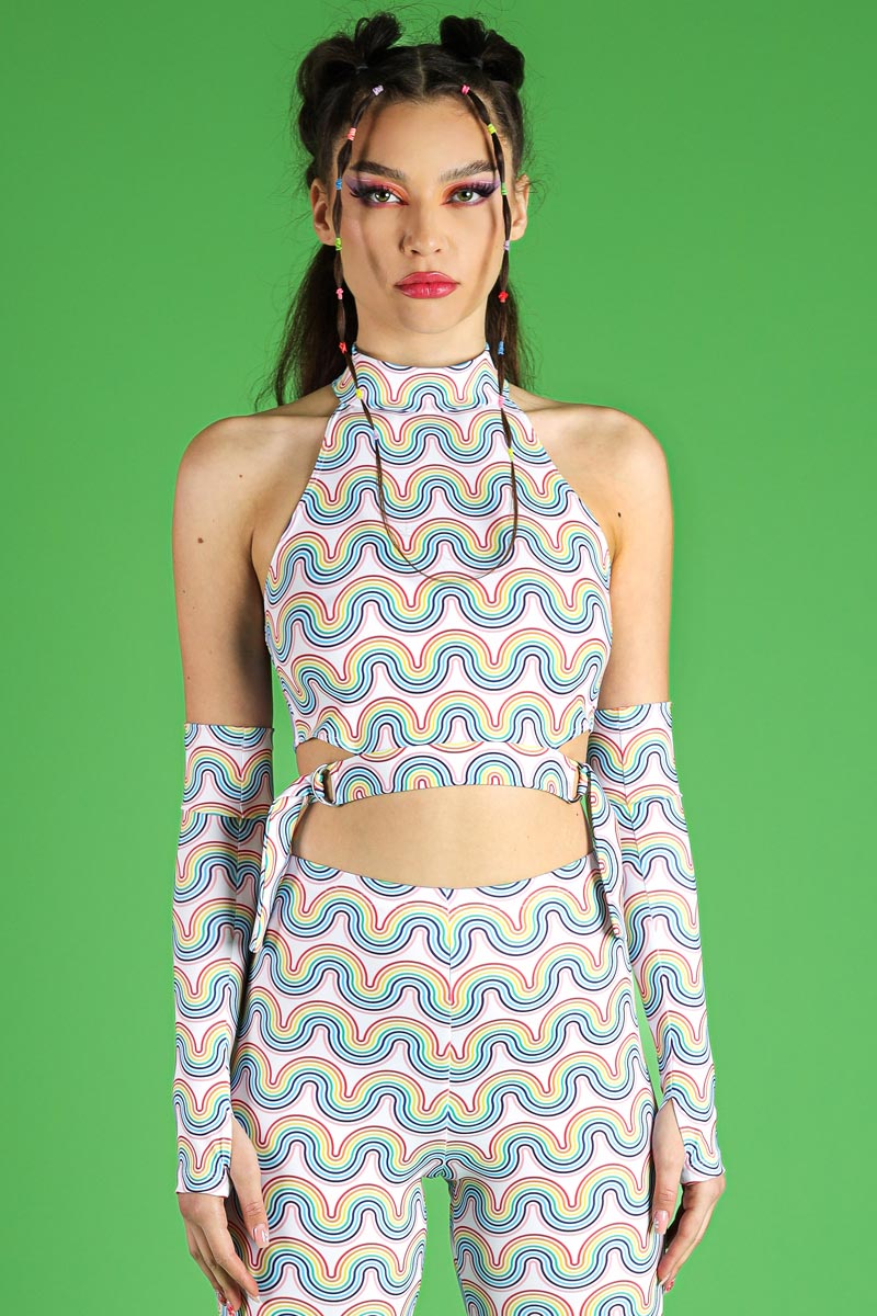 Rainbow Waves High Neck Cut Out Crop Top