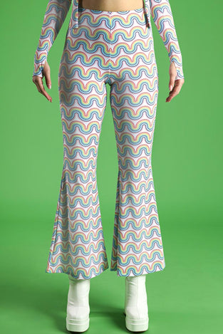 Rainbow Waves High-Waisted Bell Bottoms Pants Close View