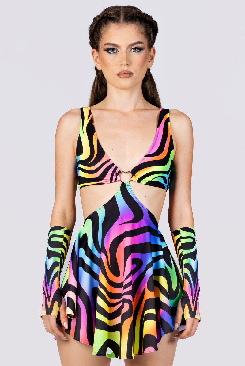 Rainbow Zebra Cut-Out Skater Dress Pride Outfit for Women, XS Rainbow Zebra Cut-Out Skater Dress Pride Outfit for Women, XS
