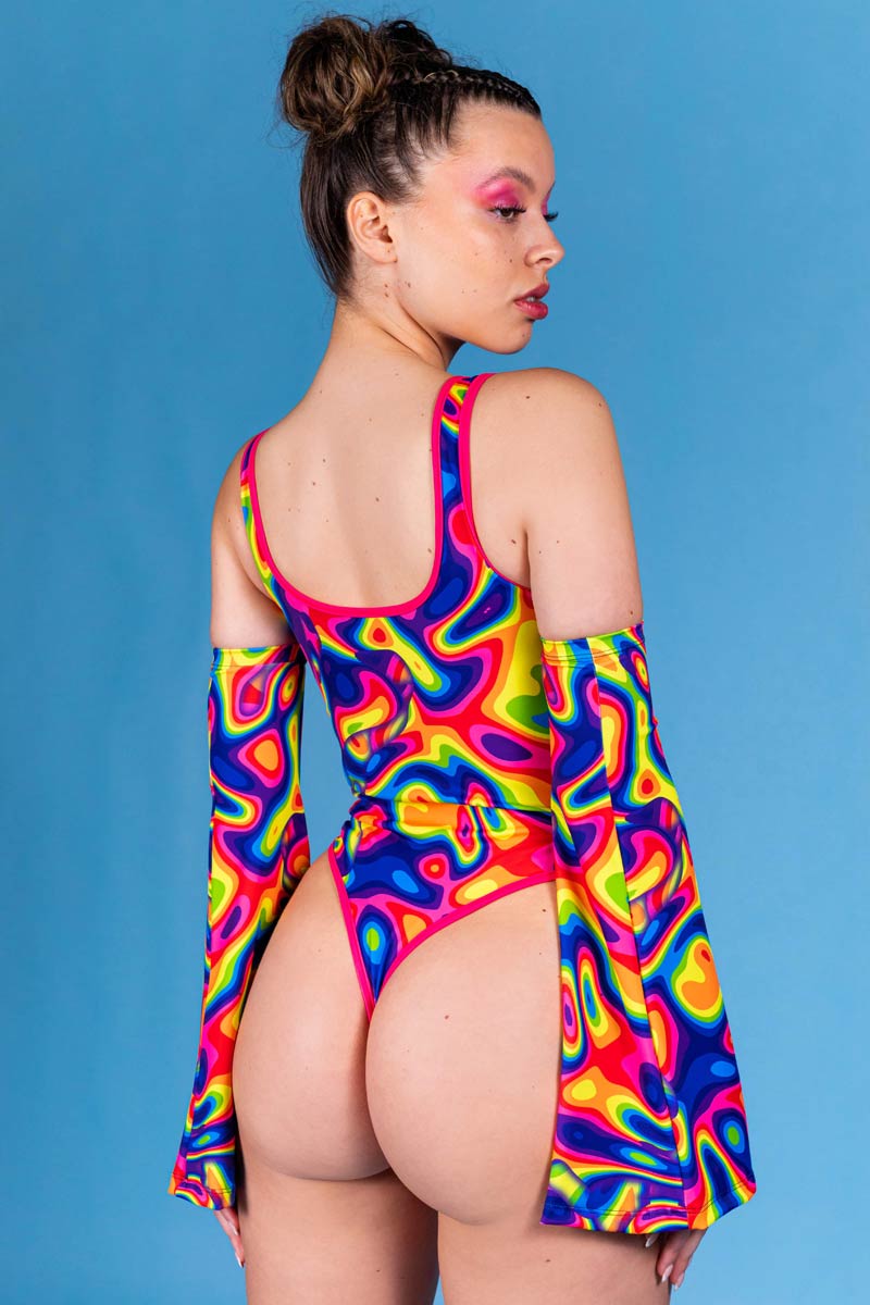 Rainbow Pride Cabaret Cotton Fringe Low Back Bodysuit with Sequin Bra Cup