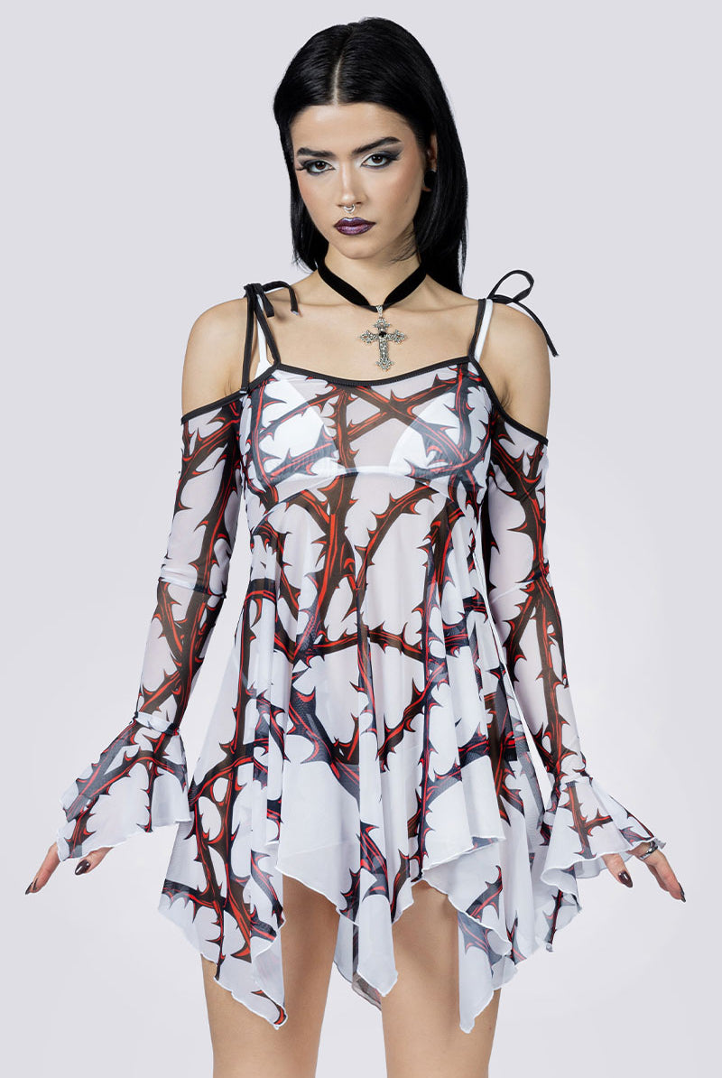 Razorvine Mesh Handkerchief Strappy Dress White & Red Goth Outfits, XL Razorvine Mesh Handkerchief Strappy Dress White & Red Goth Outfits, XL