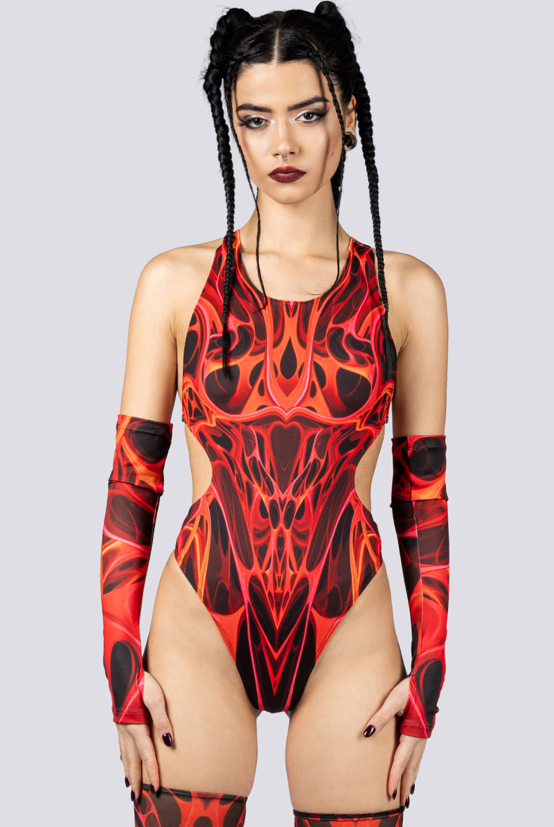 Red Dimension High Cut Bodysuit Close Front View