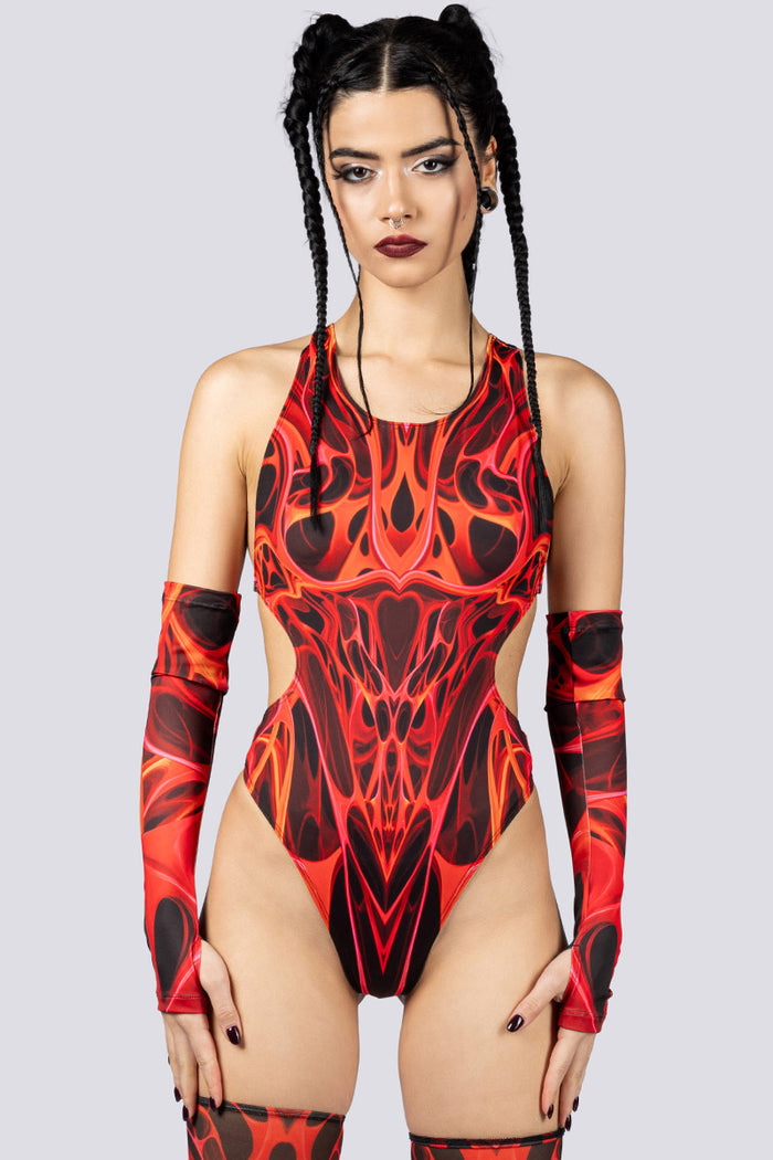 Rave Outfit Red Dimension High Cut Bodysuit Close Front View