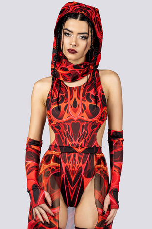 Rave Outfit Red Dimension High Cut Bodysuit Close Full View