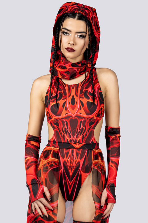 Rave Outfit Red Dimension High Cut Bodysuit Close Full View