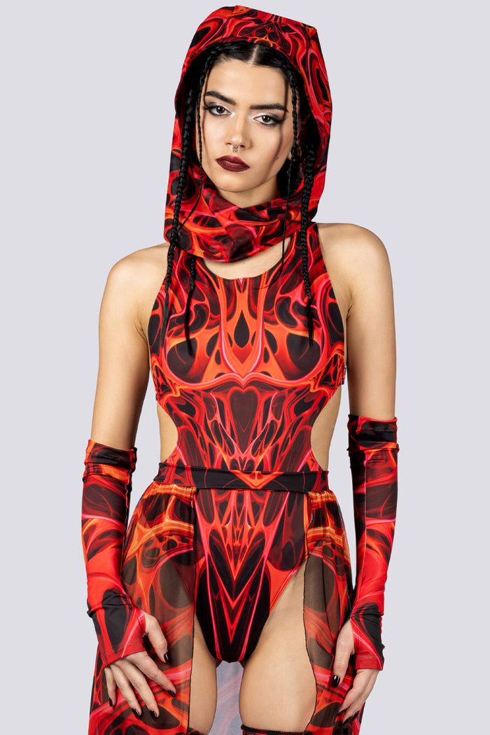 Rave Outfit Red Dimension High Cut Bodysuit Close Full View