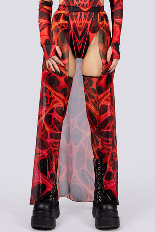 Red Dimension Sheer Maxi Skirt Close View