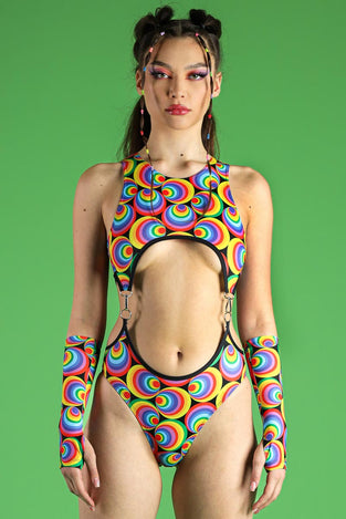 Rave Outfit Retro Chick 2 Piece Cut Out Bodysuit Front View