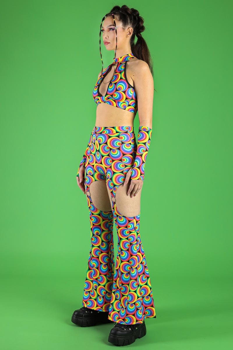 Rainbow Retro Chick O-Ring Flare Pants for Women | Devil Walking