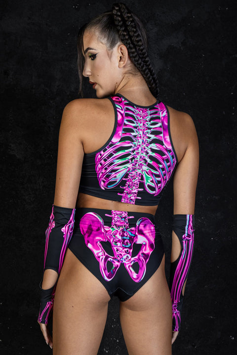 Rave Outfit Rosy Skeleton Booty Shorts Set Back View