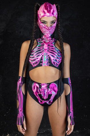 Rave Outfit Rosy Skeleton Booty Shorts Set