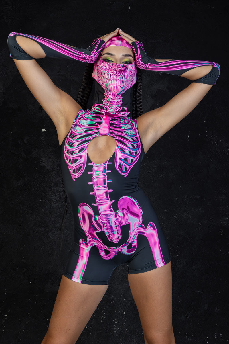 Rosy Skeleton Cut Out Romper Front View