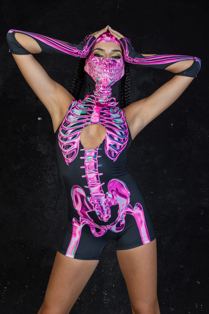 Rave Outfit Rosy Skeleton Cut Out Romper Front View