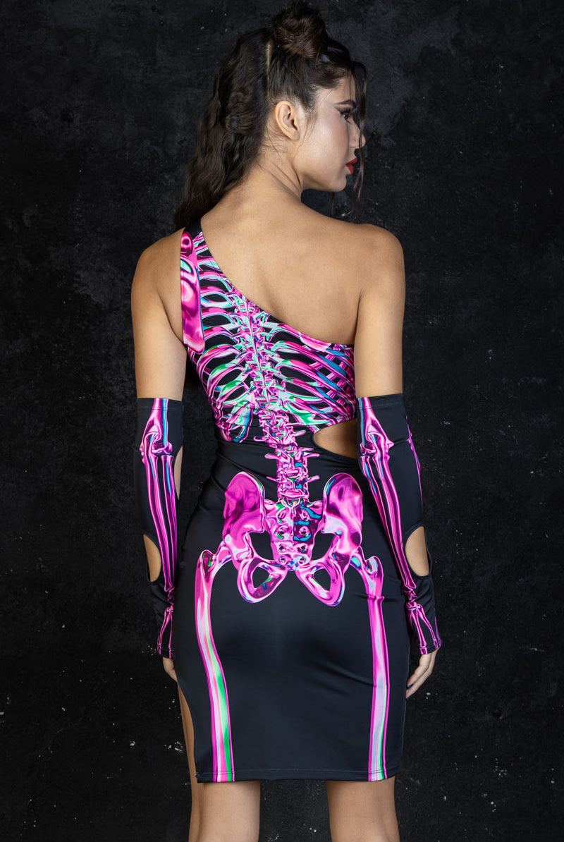 Pink Rosy Skeleton One Shoulder Cut Out Halloween Dress | DevilWalking Pink Rosy Skeleton One Shoulder Cut Out Halloween Dress | DevilWalking