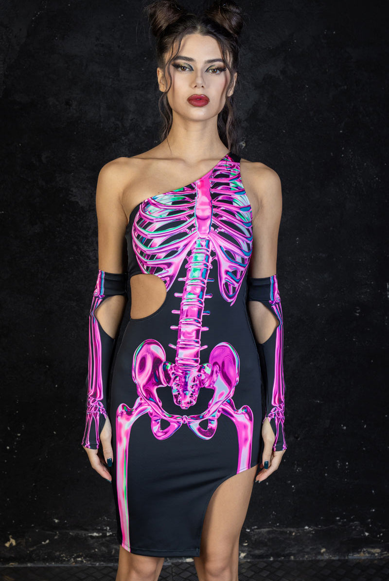 Pink Rosy Skeleton One Shoulder Cut Out Halloween Dress | DevilWalking Pink Rosy Skeleton One Shoulder Cut Out Halloween Dress | DevilWalking