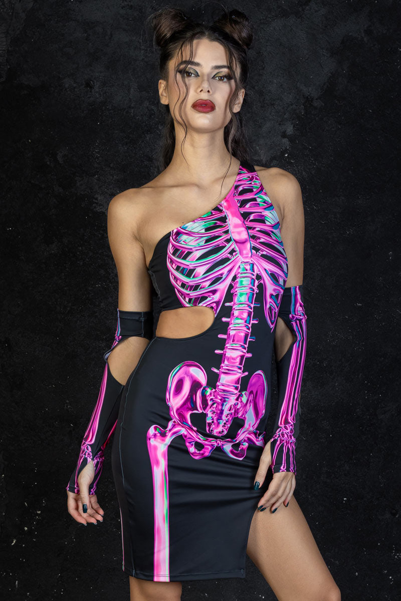 Rosy Skeleton One Shoulder Cut Out Dress