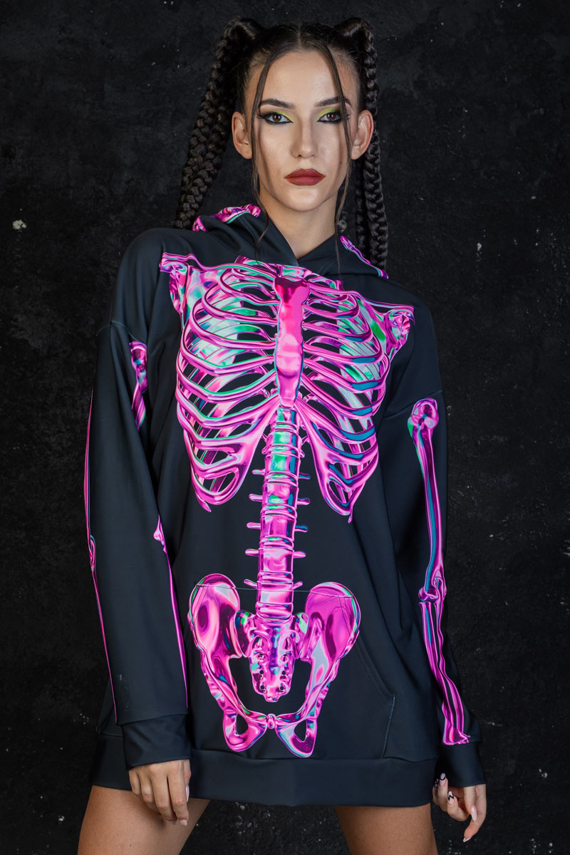 Rosy Skeleton Oversized Hoodie with Ears Front View