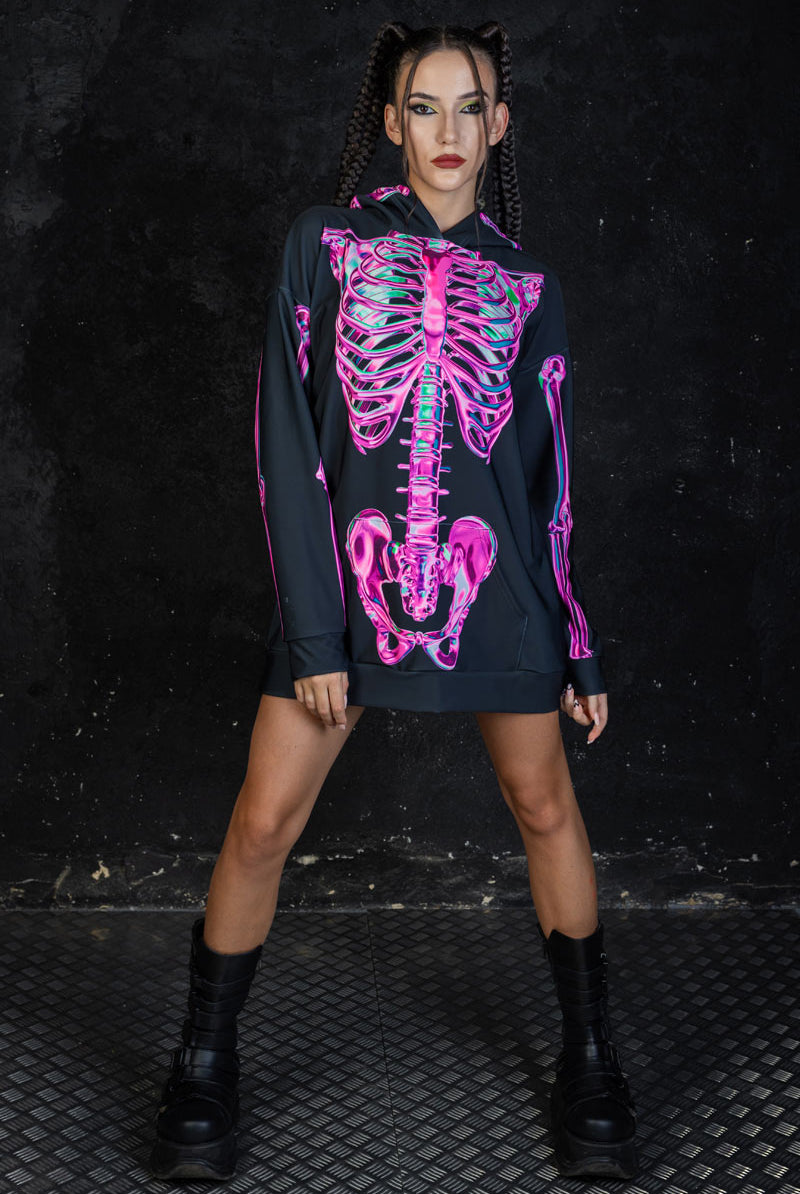 Rosy Skeleton Oversized Hoodie with Ears Full View