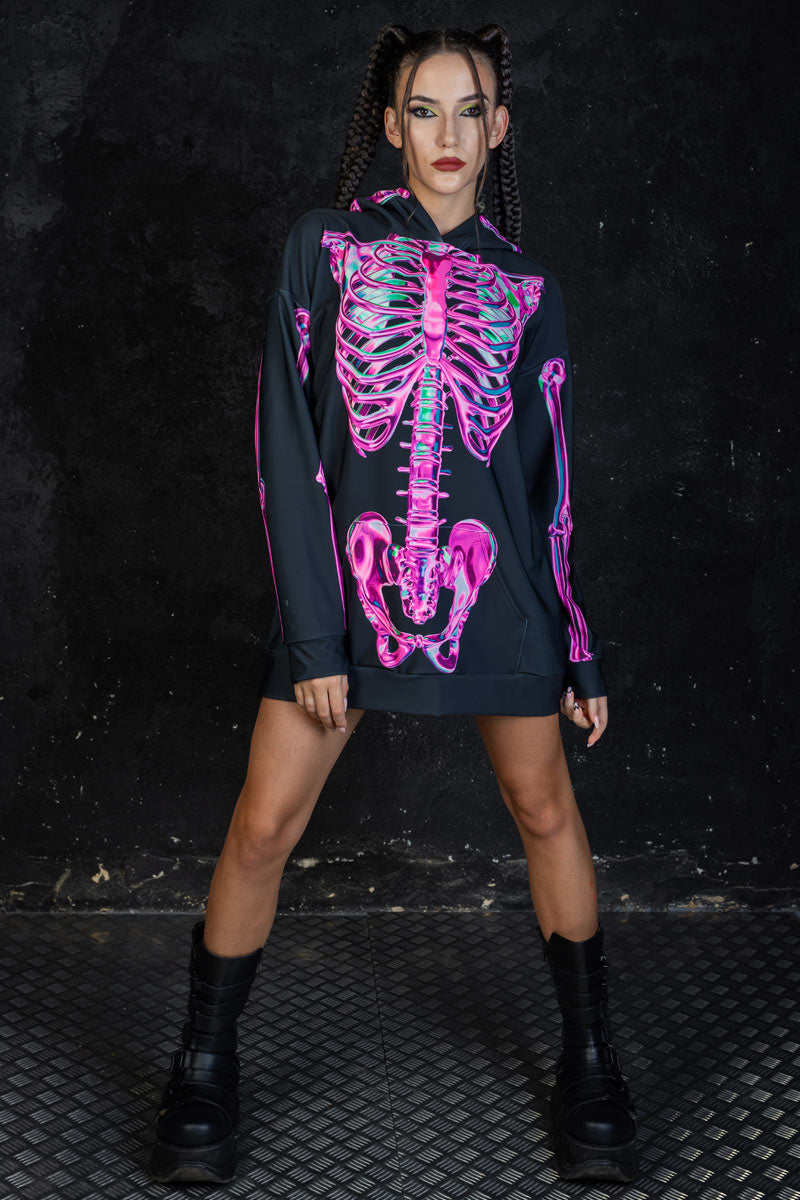 Rosy Skeleton Oversized Hoodie with Ears Full View