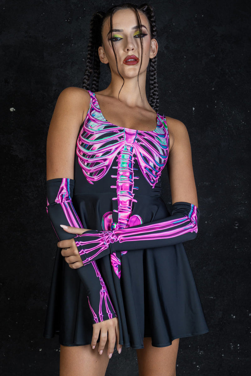 Rosy Skeleton Skater Dress Front View