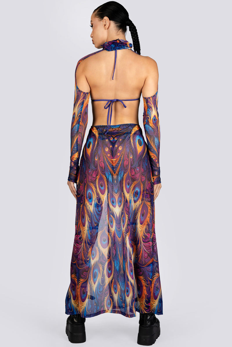 Royal Peacock Cut Out Maxi Mesh Dress Rave Halloween Wear