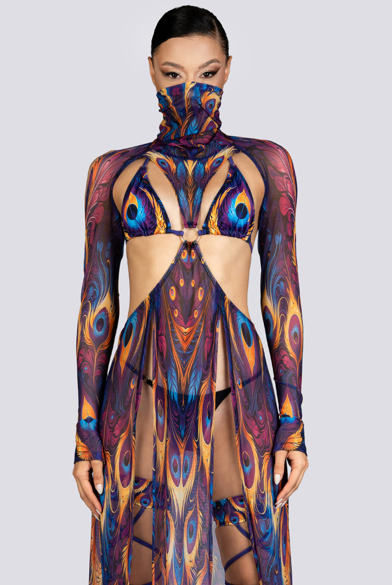 Royal Peacock Cut Out Maxi Mesh Dress Rave Halloween Outfit