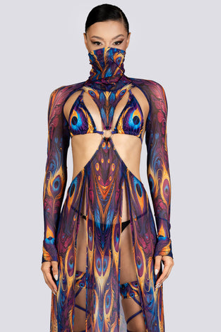 Royal Peacock Cut Out Maxi Mesh Dress Rave Halloween Outfit