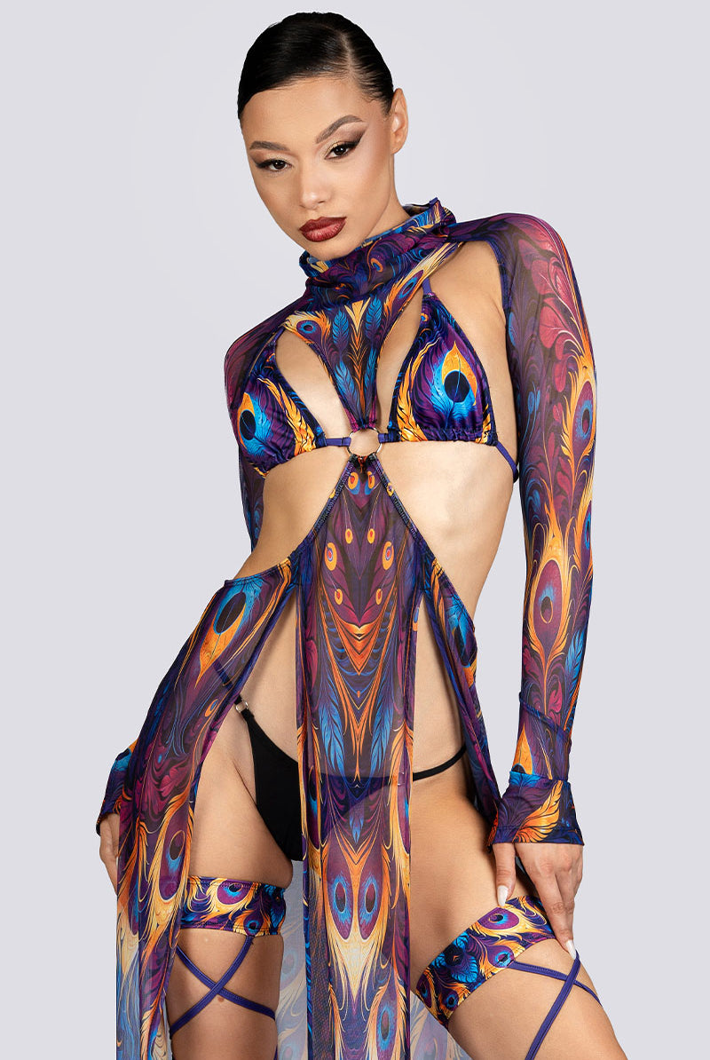 Royal Peacock Cut Out Maxi Mesh Dress Sexy Rave Halloween Costume