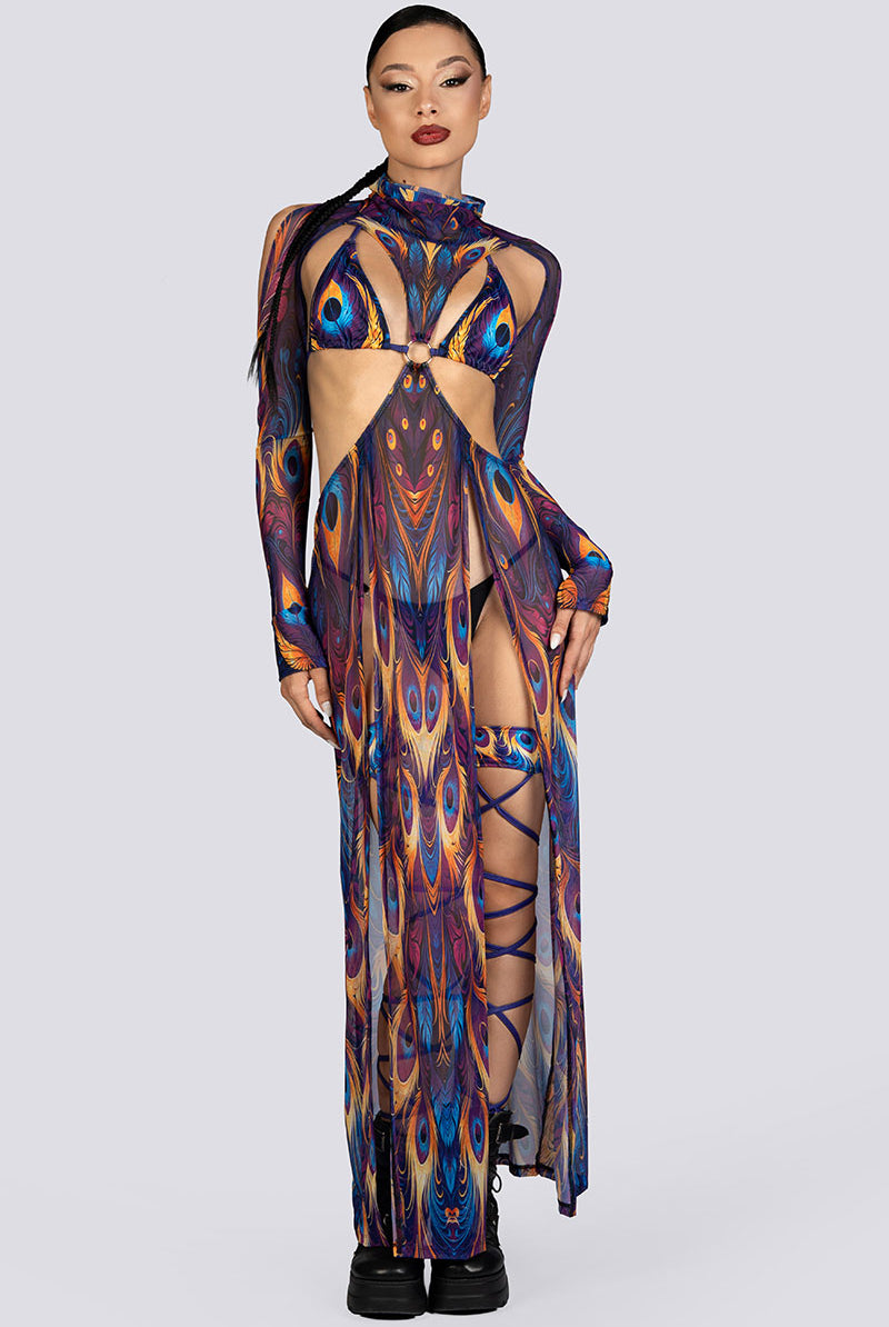 Royal Peacock Cut Out Maxi Mesh Dress Rave Halloween Clothes