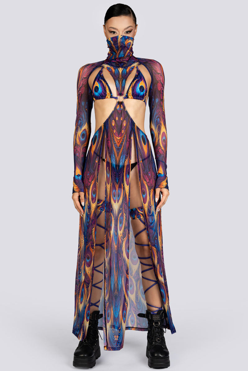 Royal Peacock Cut Out Maxi Mesh Dress Rave Halloween Costume Women