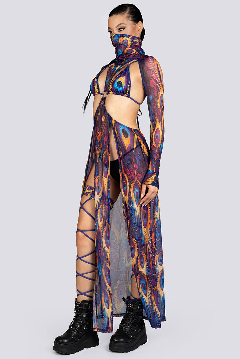 Royal Peacock Cut Out Maxi Mesh Dress Rave Halloween Style