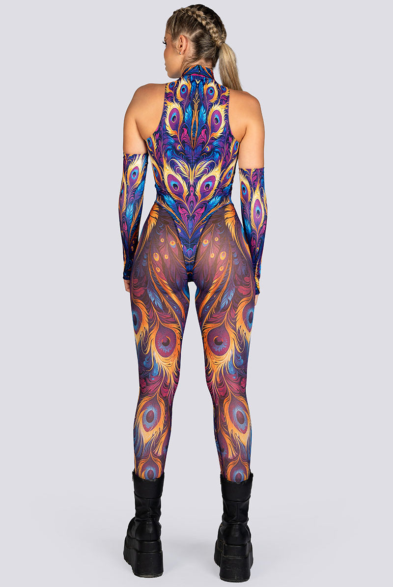 Royal Peacock Lace Cut Out Catsuit Rave Halloween Style