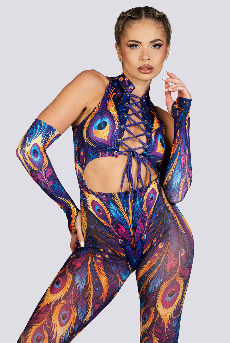 Royal Peacock Lace Cut Out Catsuit Rave Halloween Outfit