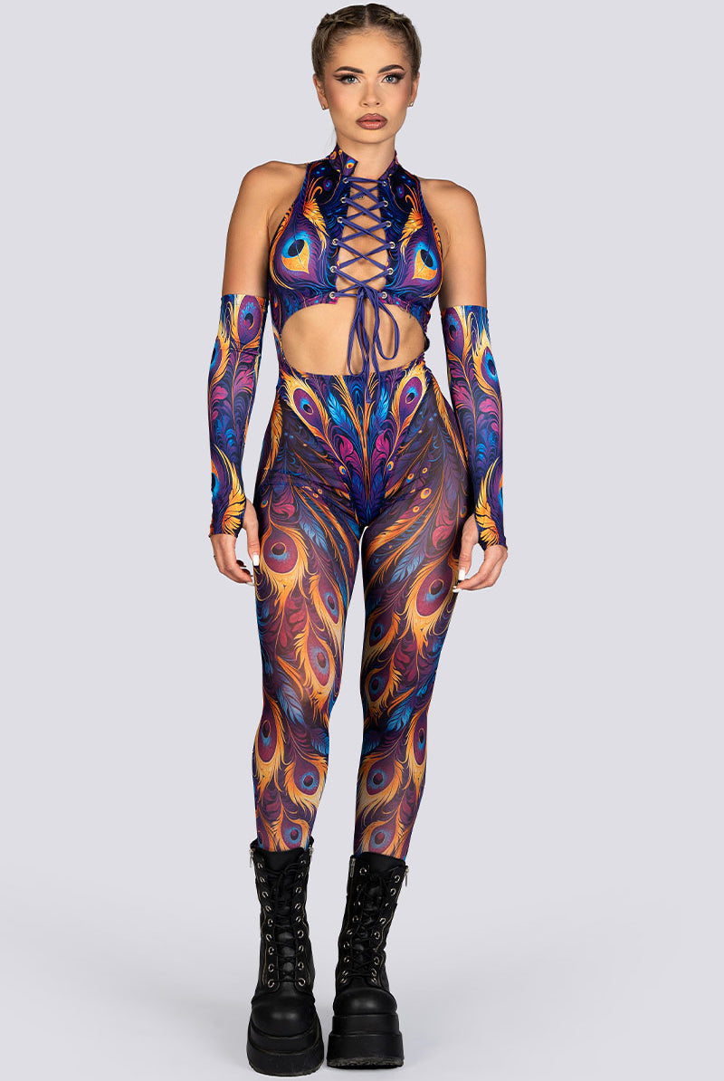 Royal Peacock Lace Cut Out Catsuit Rave Halloween Wear
